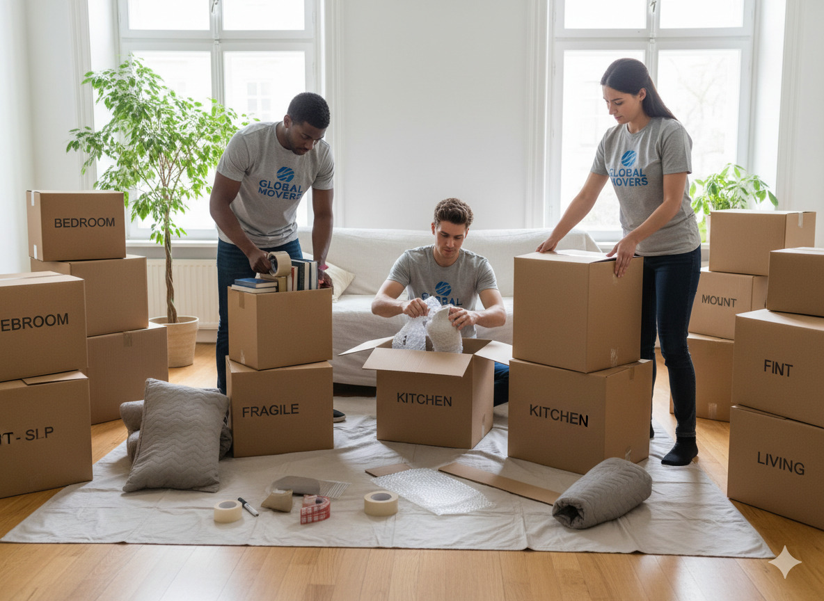Team beim fachgerechten Verpacken von Umzugskartons